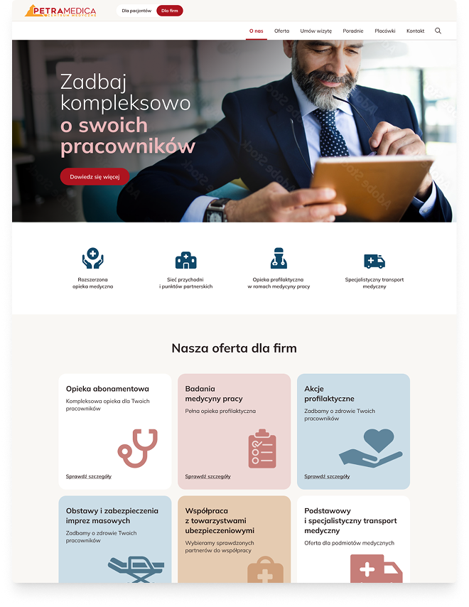 Petra Medica homepage — corporate clients (B2B) view