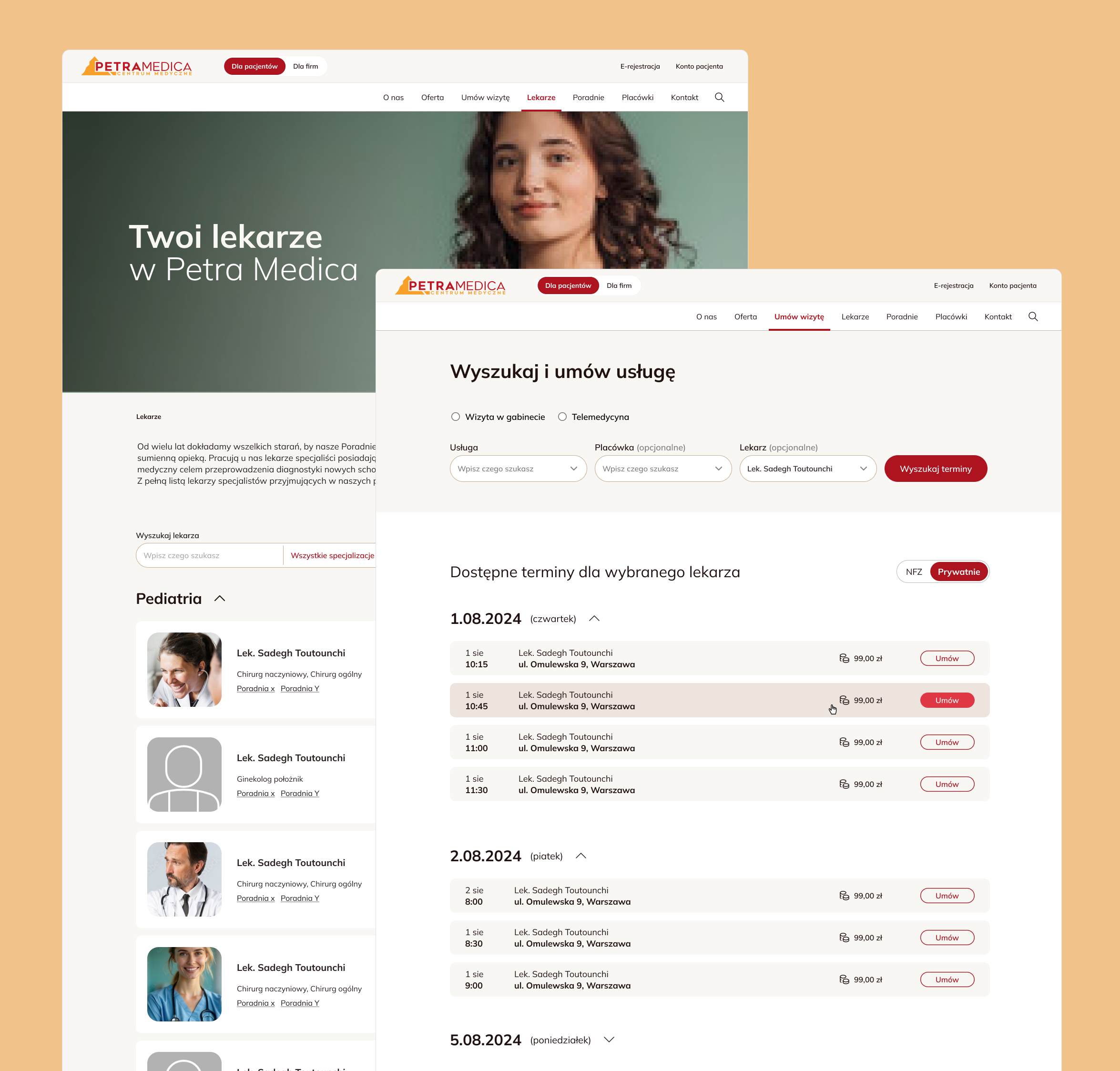 Petra Medica doctor search and appointment availability screens